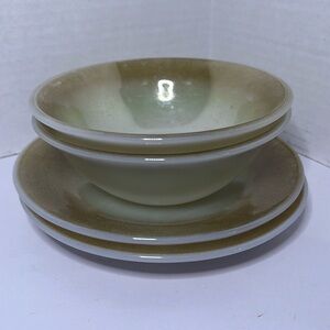 MCM Federal Glass Iridescent Moss Olive Green White Bowl Saucer (1970s)